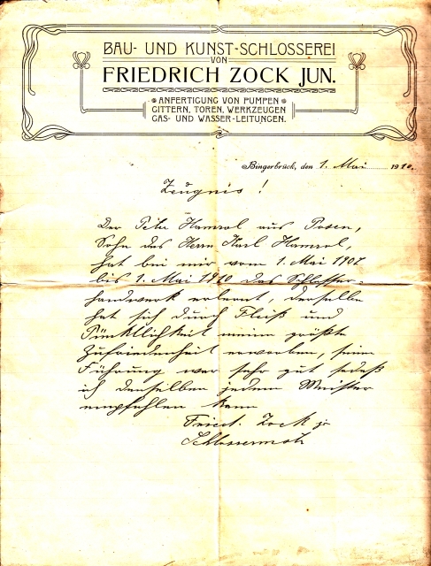 Bib Arbeitszeugnis Zock Schlosserei 1910