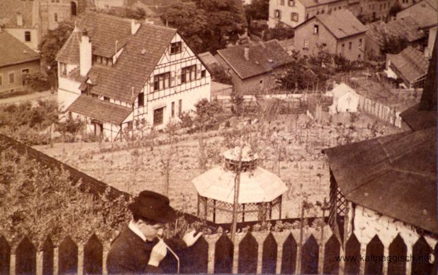 Bib Stereokarte Anwesen Schaefer u Kirche um 1903 Teil